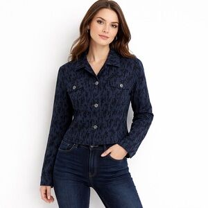 Anthracite Blue Black Flocked Floral Jacket Cotton Blend Stretch RN 58142